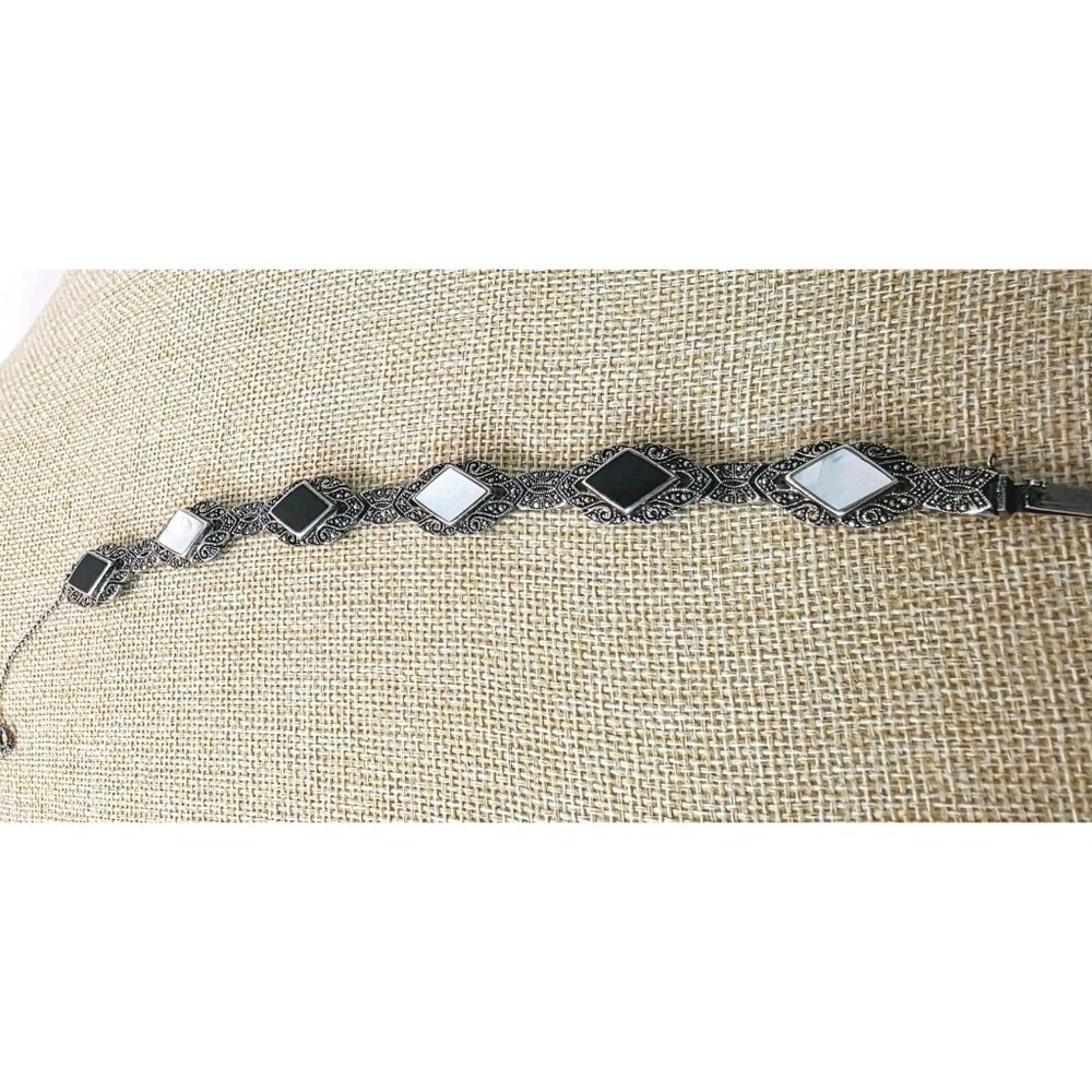 Vtg Abalone Marcasite Sterling Silver 925 Black and White Diamond Link Bracelet - Picture 3 of 6